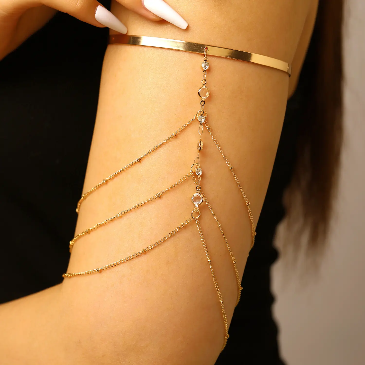 Gold Upper Arm Cuff Chain Layered Cascading Tassel Body Chain Rhinestone Bezel Charm Armlet Greek Goddess Festival Statement Body Jewelry