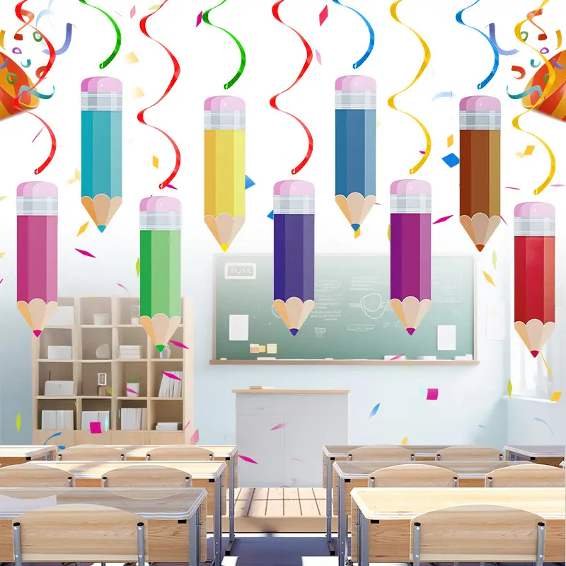 Colorful Pencil Spiral Hanging Decorations, Cartoon Foil Swirl Streamers, Back to School Classroom Party Decorations Ceiling Ornaments