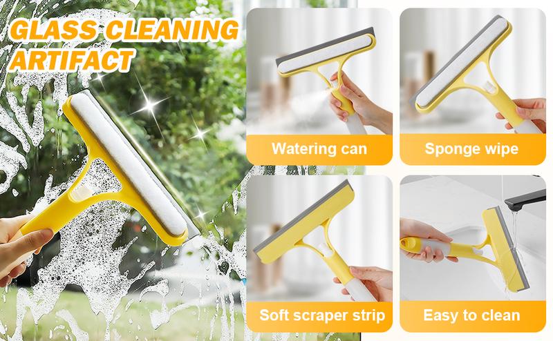 3 in 1 Window Cleaning Scraper, 2025 New Squeegee for Shower Glass, 3 in 1 Spray Function for Glass Doors for Windows Glass, Mirrors Scraper, Brush. All-Purpose Window Cleaner Tool (Blue)