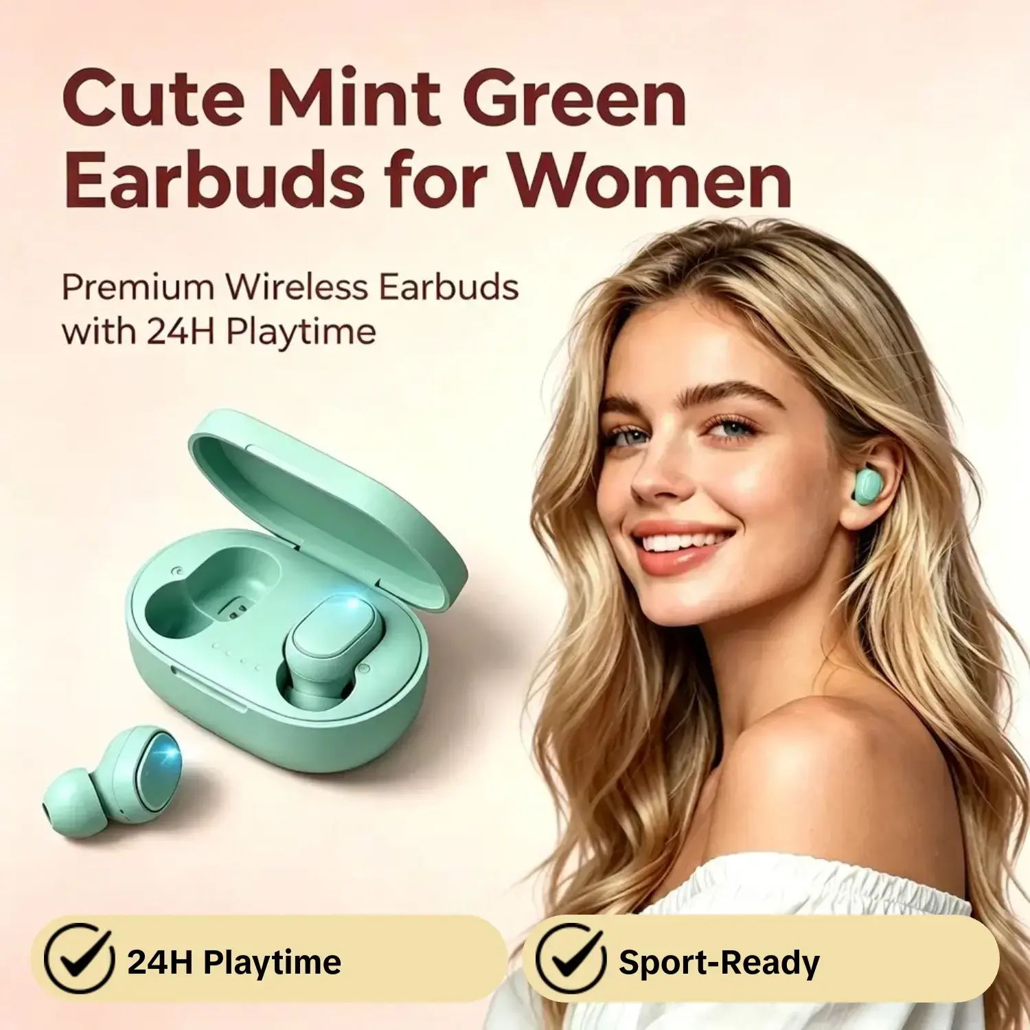 Cute Mint Green Wireless Earbuds for Women, Mini In-Ear Headphones with Charging Case, Chargeable, 24H Playtime, Lightweight Stereo Earphones for Music, Calls, Sports & Daily Use