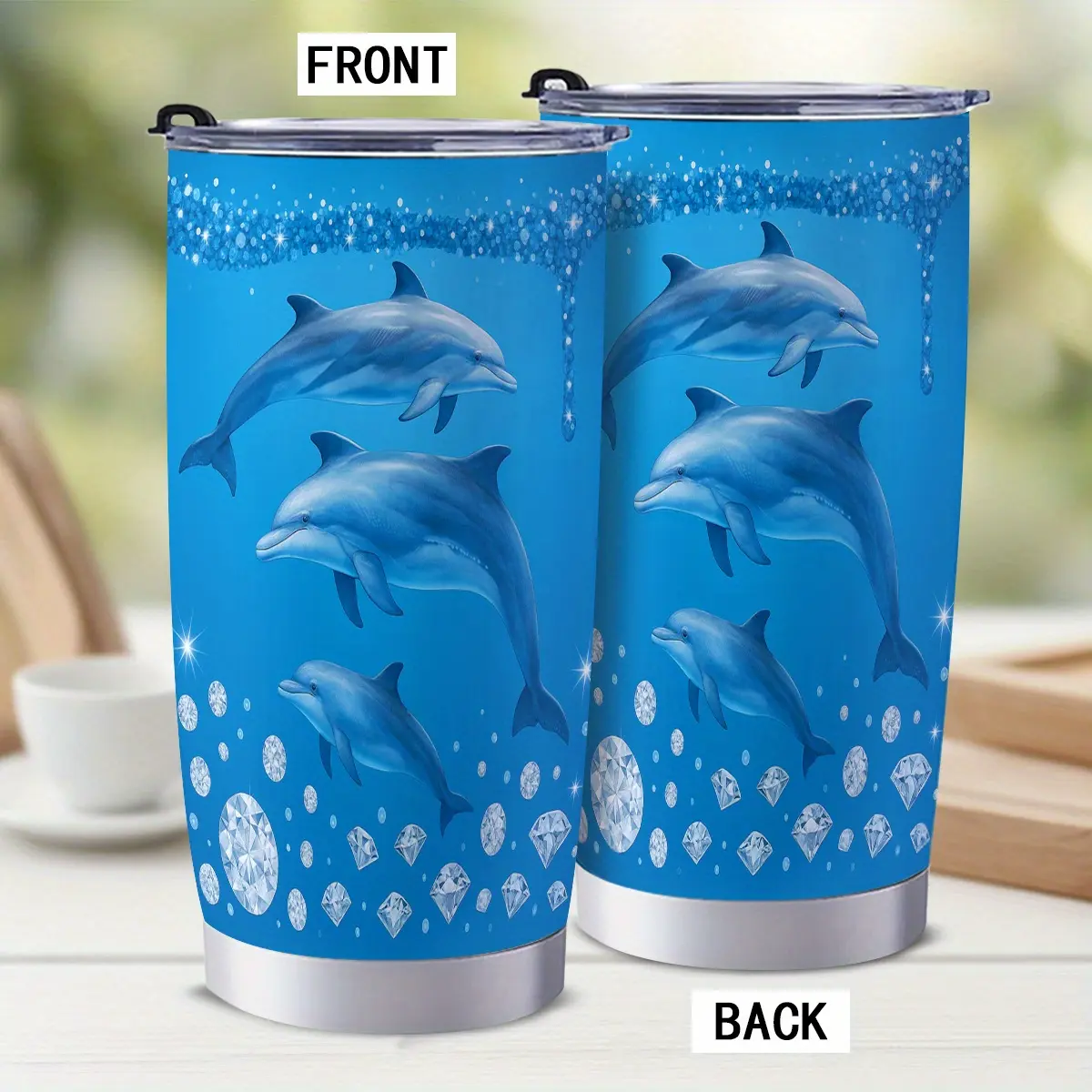 20oz(600ml) Single Stainless Steel Insulated Tumbler - Dolphin & Diamond Design, Portable Leak-Proof Flask With Straw, Reusable Travel Mug For Adults, Durable Stylish Kitchenware For Home Office, Ideal Gift Choice, Water Bottles