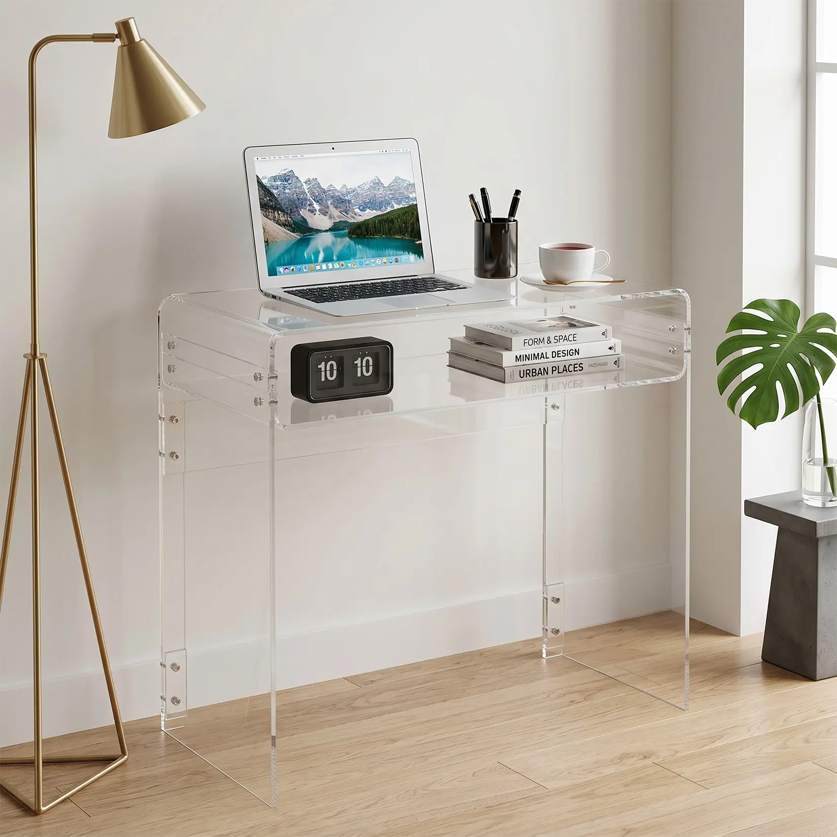 Modern Clear Acrylic Desk with Storage Shelf - 33.5 Inch Transparent Console Table - Thick Acrylic, Ideal for Laptop, Writing, Home Office, and Study Workstation