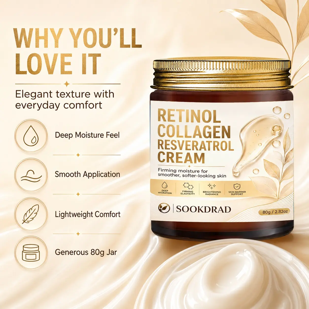 Retinol Collagen Resveratrol Cream, moisturizing cream, Deep Hydration, Firm Elasticity, Brightening Radiance, Skin Barrier Support, Smooth Skin, Daily Skincare, 80g