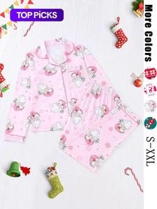 【christmas】women's christmas pajama set, snowflake deer print, long sleeve button-up top & elastic pants, casual home wear, s-xxl sizes