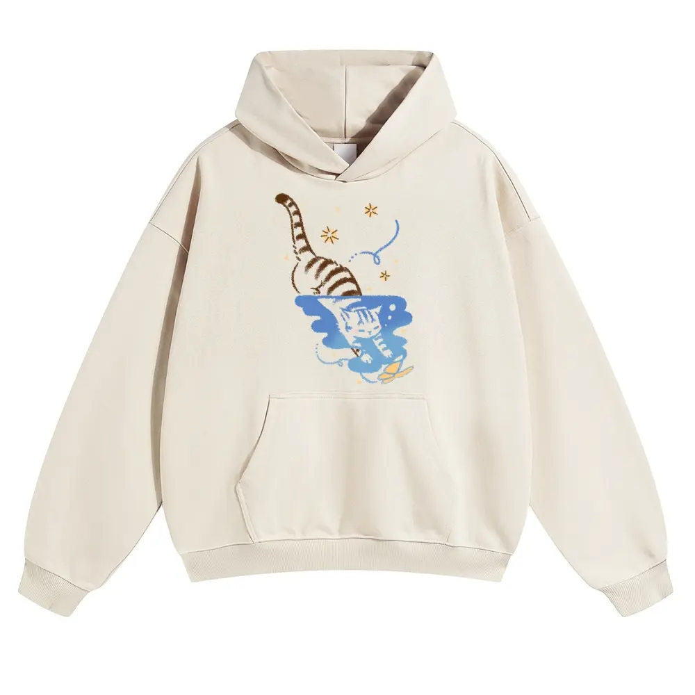 Unisex Tabby cat chasing butterflies with reflections, water reflections, star-shaped bubbles Graphic hoodie Personalized Pattern Y2k Clothing Round Neck hoodie,Women's Clothing 100% Cotton, Menswear, Top, Vintage Style,Summer Casual Oversized