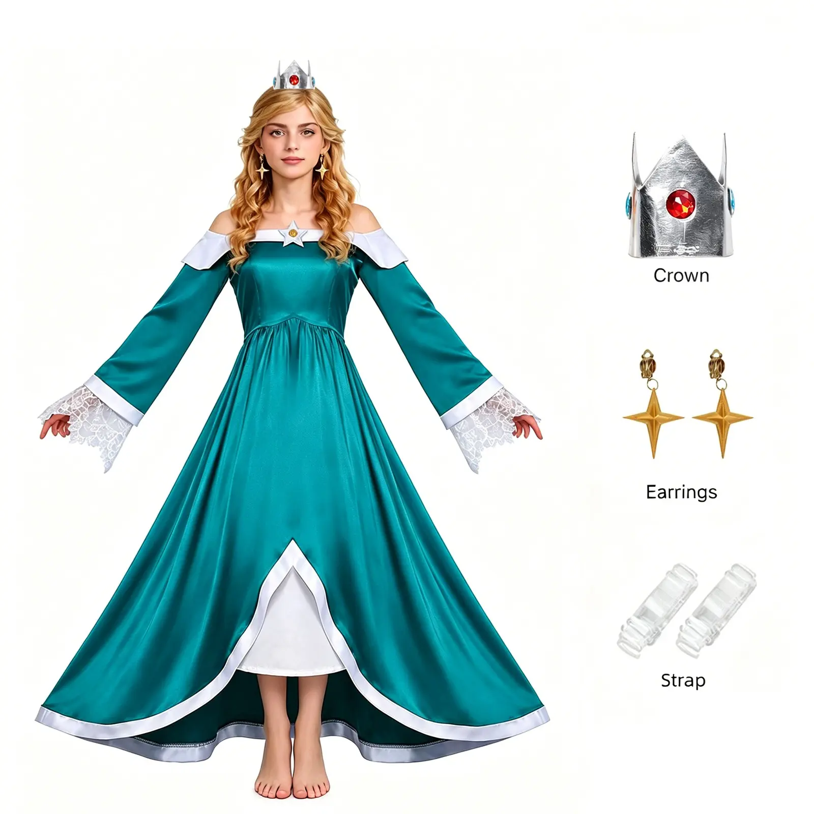 Princess Party Costume Set, Velvet Court Dress with Crown, Earrings, Brooch, Accessories, Birthday, Halloween, Photo Backdrop, 3 Styles Available