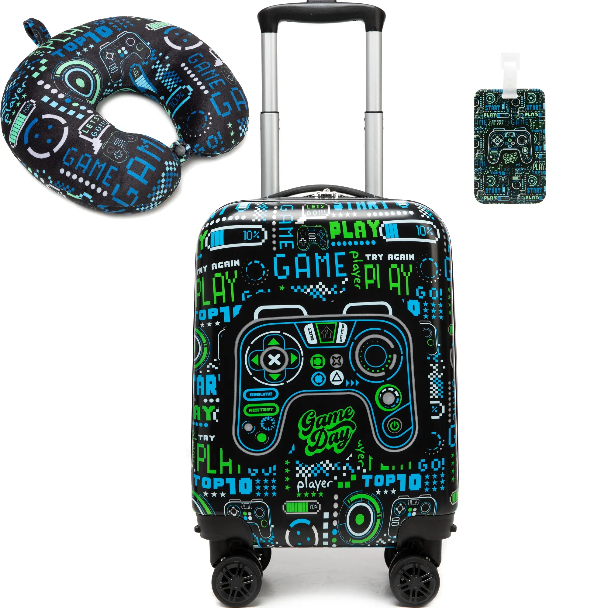 Kids Spinner Luggage Set Boys Hard Shell Suitcase with Travel Neck Pillow Luggage Tag Gaming Controller Theme Trolley Case