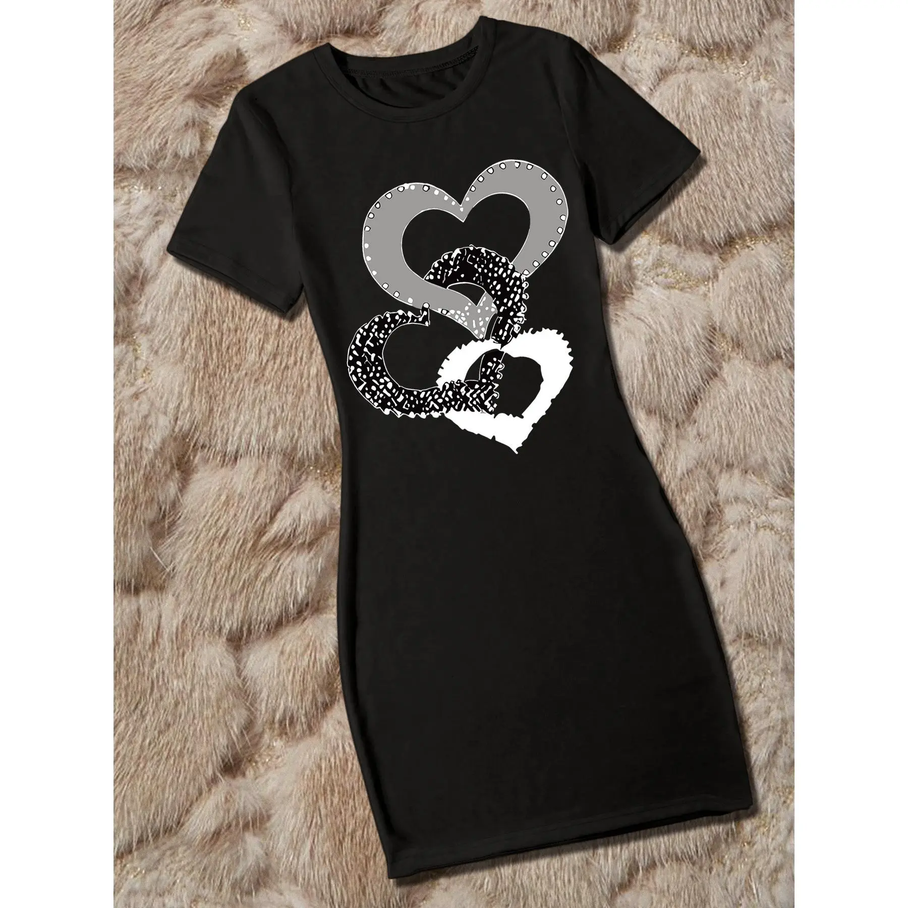 Valentine'S Day Women'S Casual Elegant Chic Romantic Heart Letter Print Round Neck Short Sleeve Bodycon Dress