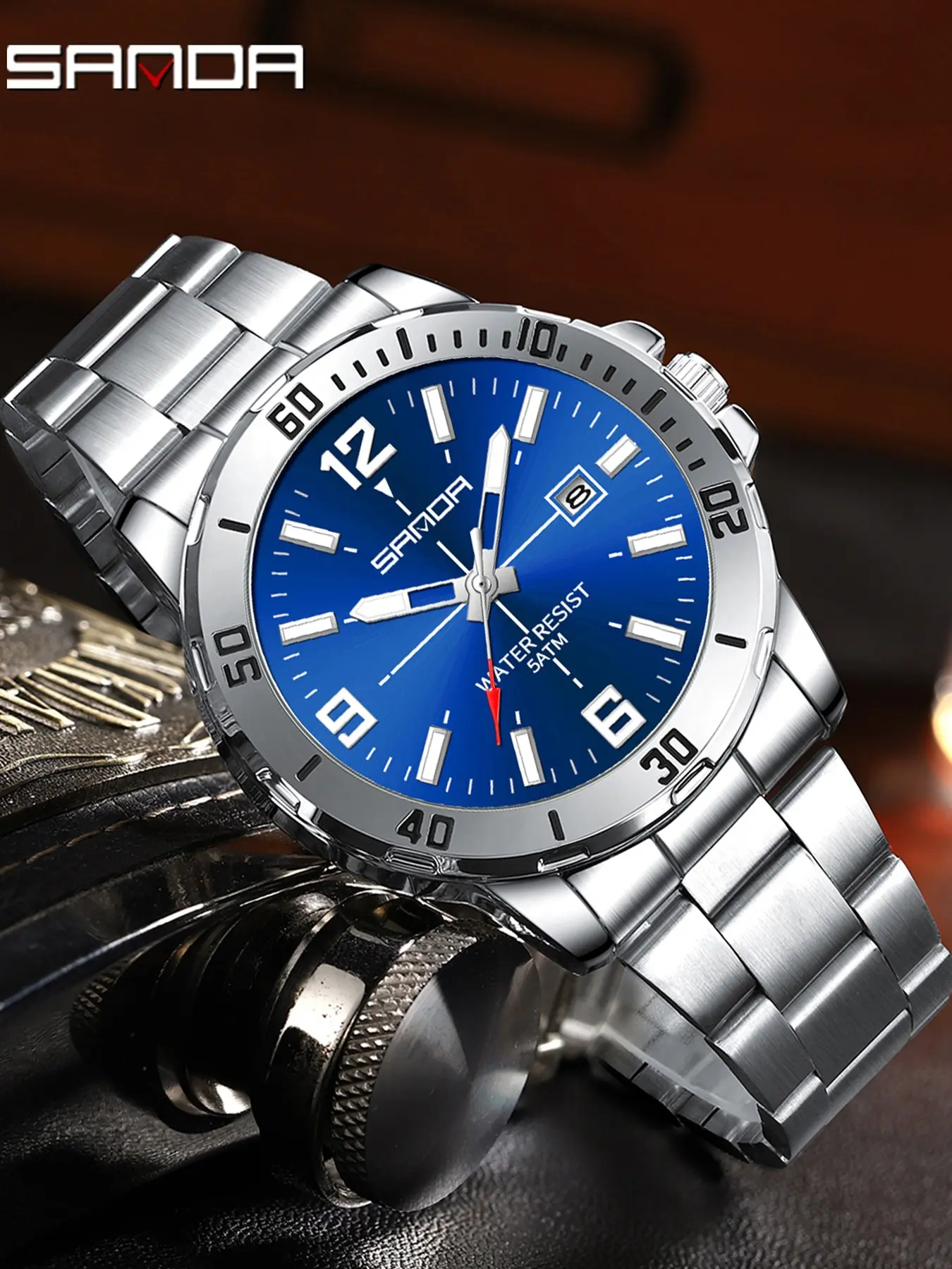 Men's Stainless Steel Strap Watch, Large Dial, 5atm Waterproof, Luminous Hands, Business Casual, Commuter Watch, Sanda 3265, Analog Quartz Watches