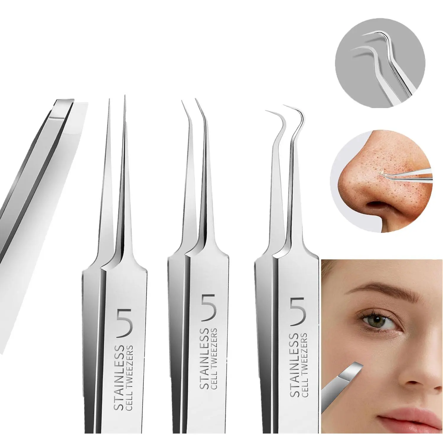 4 Pcs Professional Blackhead Tweezers and Pimple Popper Tool Kit, Premium Stainless Steel Precision Cell Tweezers Set for Blackheads, Pimples, Whiteheads and Acne Removal, Facial Skin Care Cleansing Tools