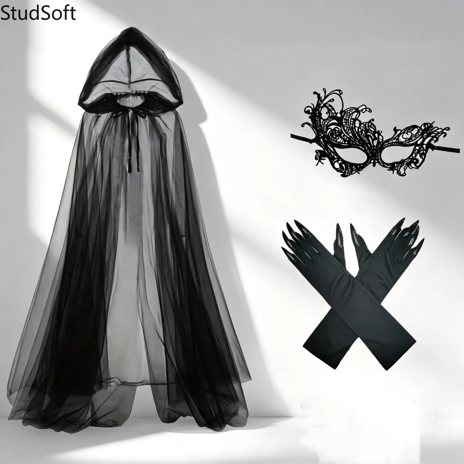 Black Sheer Hooded Cloak Costume Set for Women, Gothic Lace Eye Mask with Long Gloves, Witch Vampire Cosplay Accessory Halloween Masquerade Party Outfit