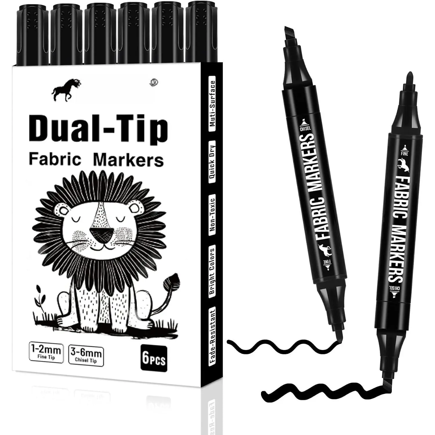 Fabric Markers, 6 Pack Black  Tip Pens for Clothes | For T-Shirts, Tote Bags, Canvas, Shoes & DIY Fabric Projects, Fine & Chisel Tips Create Detailed Designs and Black Lines