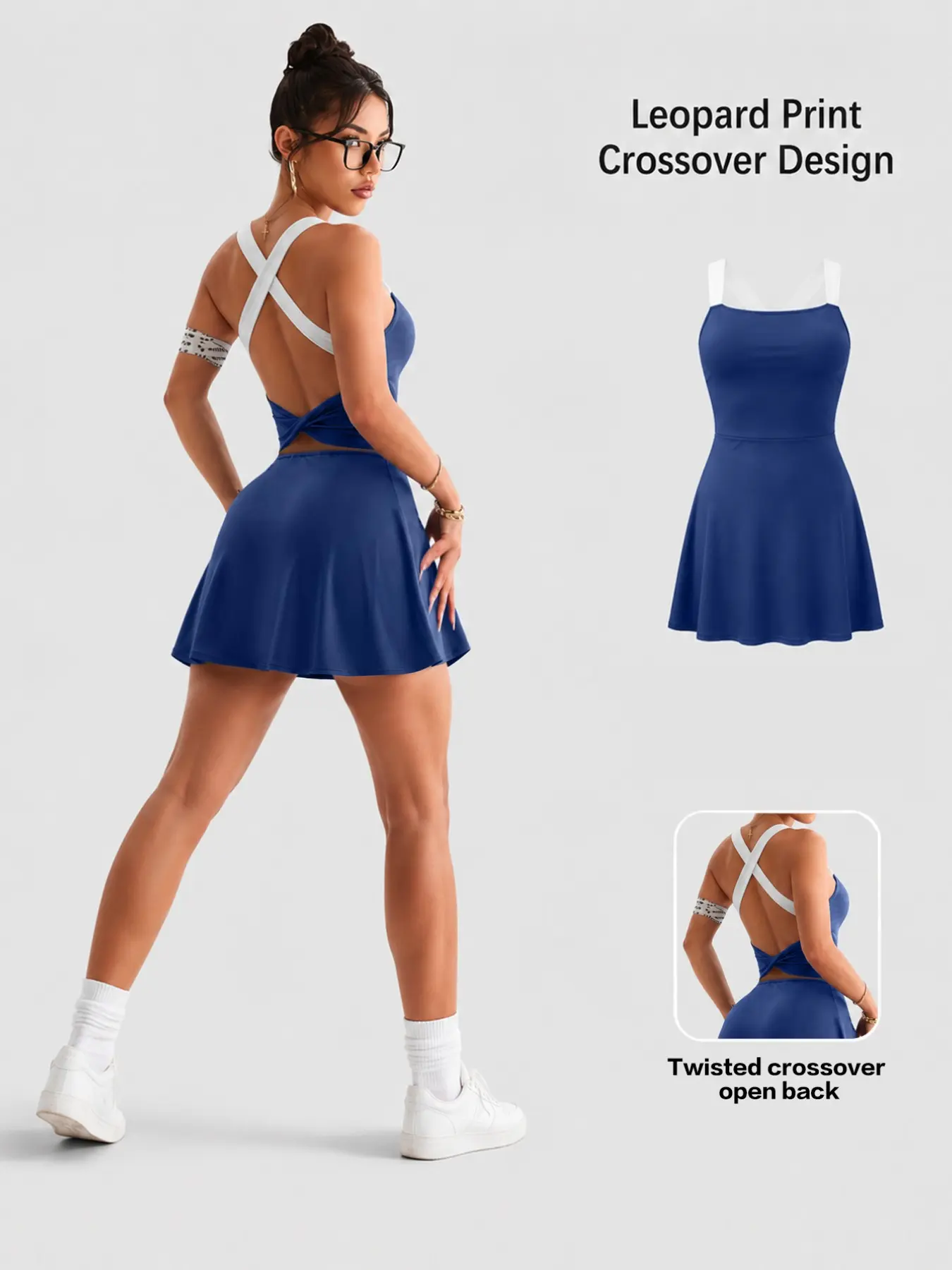 Women's Colorblock Backless Dress with Detachable Shorts, Pocket Design, Anti-Exposure, Ideal for Yoga, Sports, Beach, Parties