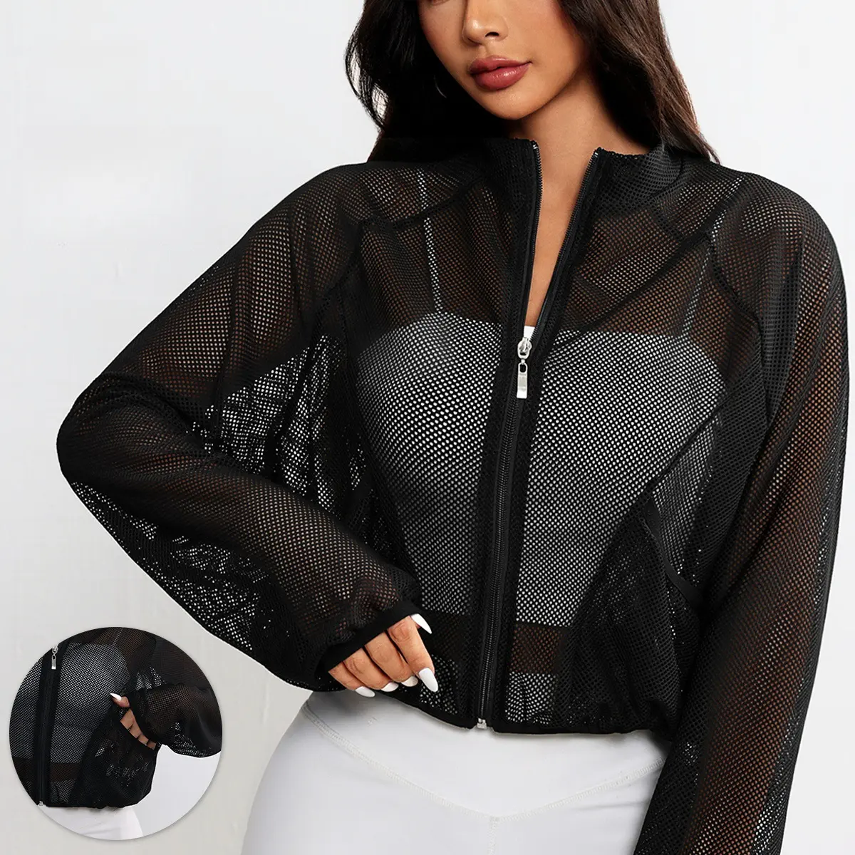 Women's Solid Sheer Mesh Stand Collar Zip-Up Jacket - Long-Sleeve Lightweight Cropped Athletic Outerwear, Breathable See-Through Sports Cover-Up for Yoga, Gym, Daily Casual Wear