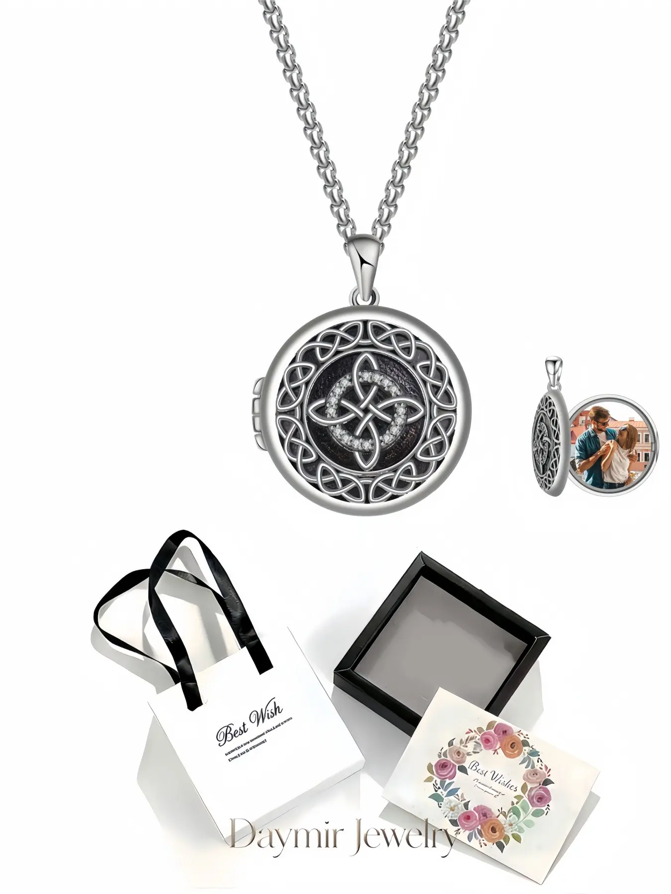 Handmade DIY Celtic‑knot photo locket necklace with luxurious diamond‑set gem pendant. Packaged in delicate drawer‑shaped jewelry box, a wonderful keepsake for women’s birthday, Valentine's Day, Christmas and anniversaries.