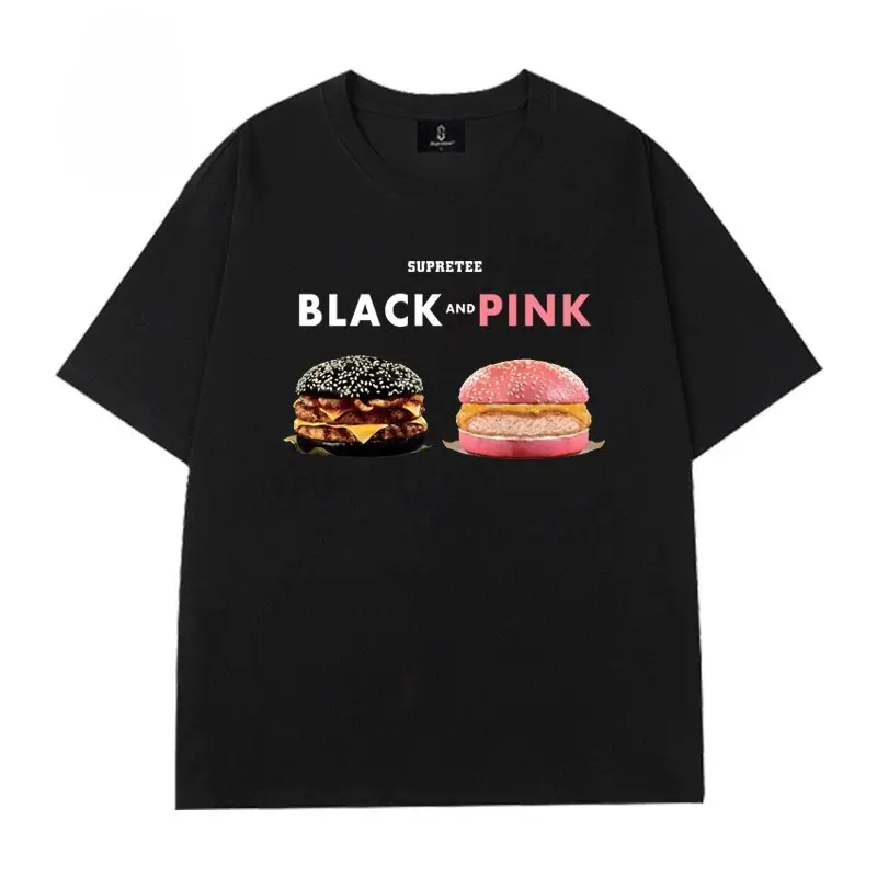 Vintage Black And Pink Hamburger Graphic T Shirt Funny Burger Print Short Sleeve Tee Retro Streetwear Casual Cotton Oversized T-Shirt For Men Trendy Aesthetic Food Graphic Tee