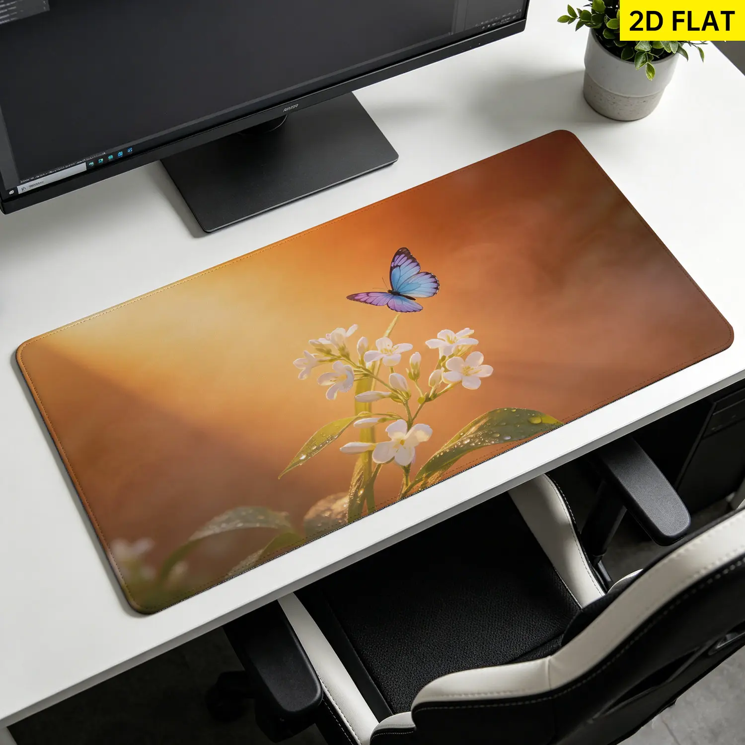 Butterfly Theme Nature Print Mouse Pad, Extra Large Blue Butterfly on White Flowers Design, Rubber Base, Non-Slip, Washable, Lock Edge, Multi-Size, Precision Move, Desktop Protection & Decoration for Home Office, Premium Gift for Family, Gamers