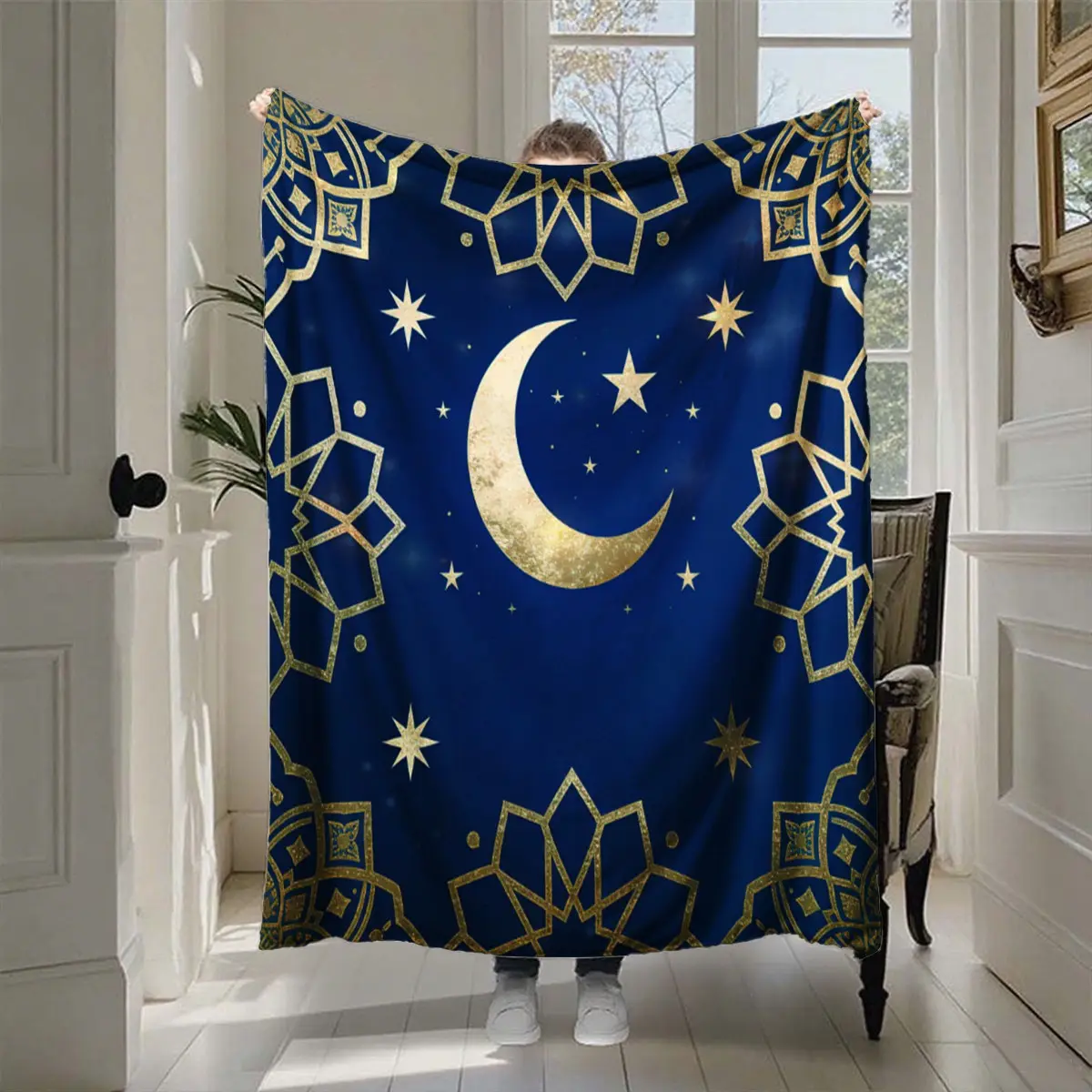 Golden Moon and Stars Islamic Geometric Print Flannel Blanket, Ramadan Decoration, Ideal Muslim Festival Gift, Cozy All-Season Throw