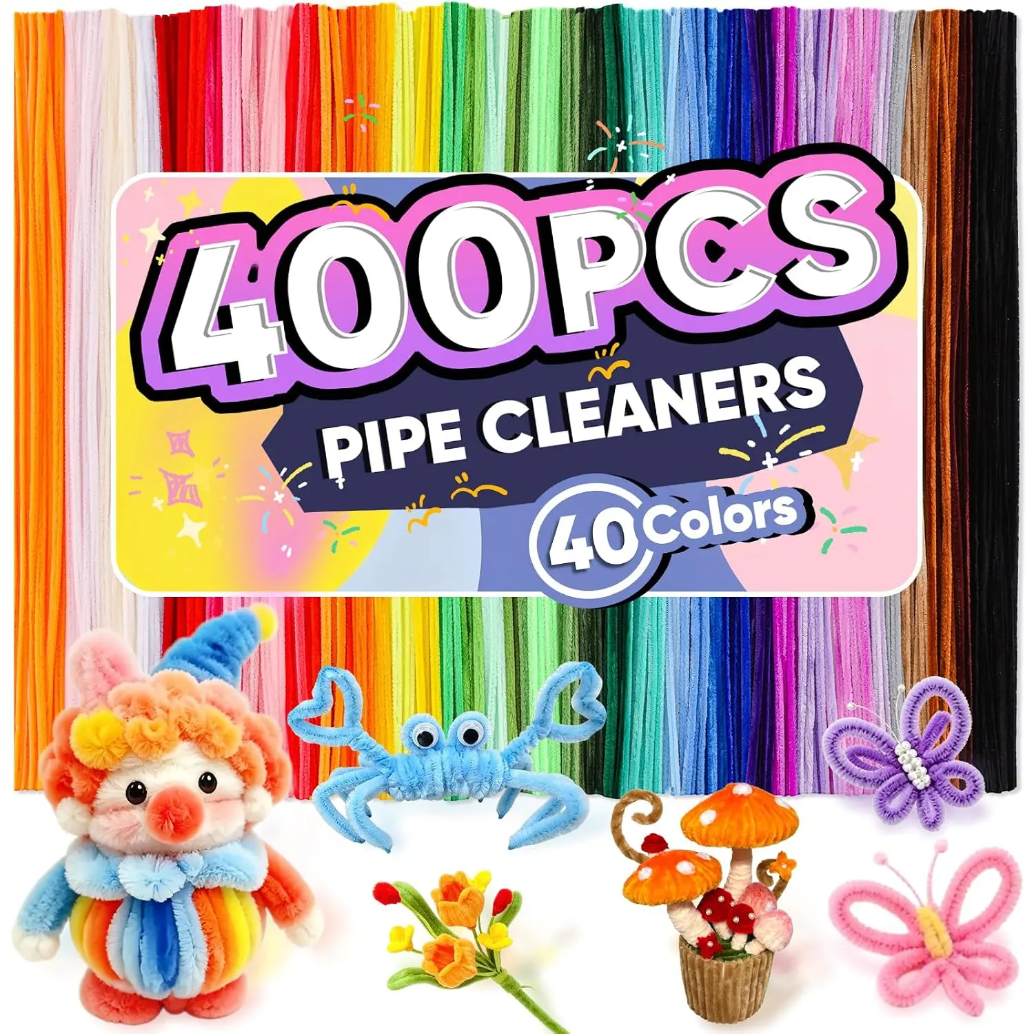 400 count Pipe Cleaners Bulk, 40 Colors Creative Chenille Stems Pipe Cleaners Craft, Pipe Cleaners for Crafts, , Art Projects, DIY Room Decor,Christmas Decorations