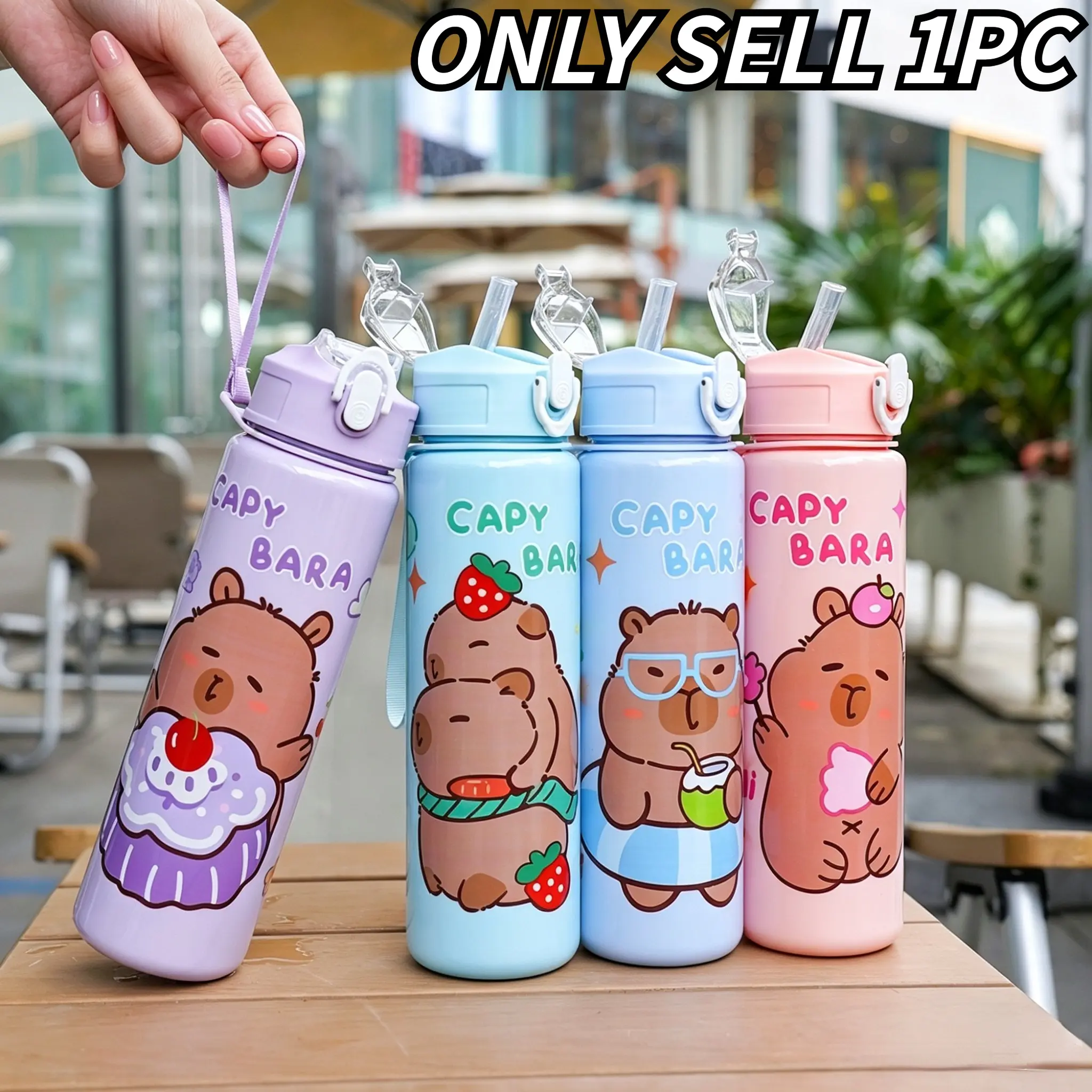 800ML Anime Capybara Print Water Bottle, Durable Outdoor Sports Cup, Leak-Proof with Straw and Lid, Perfect for Camping, Travel, Fitness