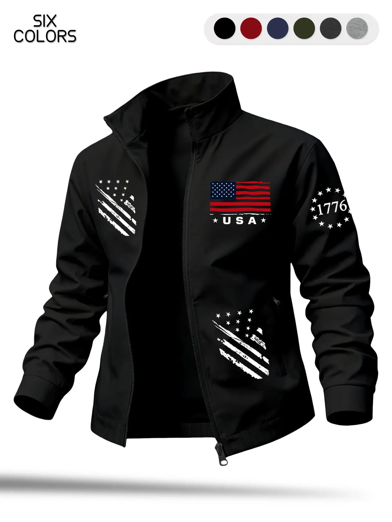 Men's American Flag Stand Collar Jacket, Vintage Washed Usa Print Coat, Lightweight Windproof High-Quality Smooth Casual Zip-Up Top
