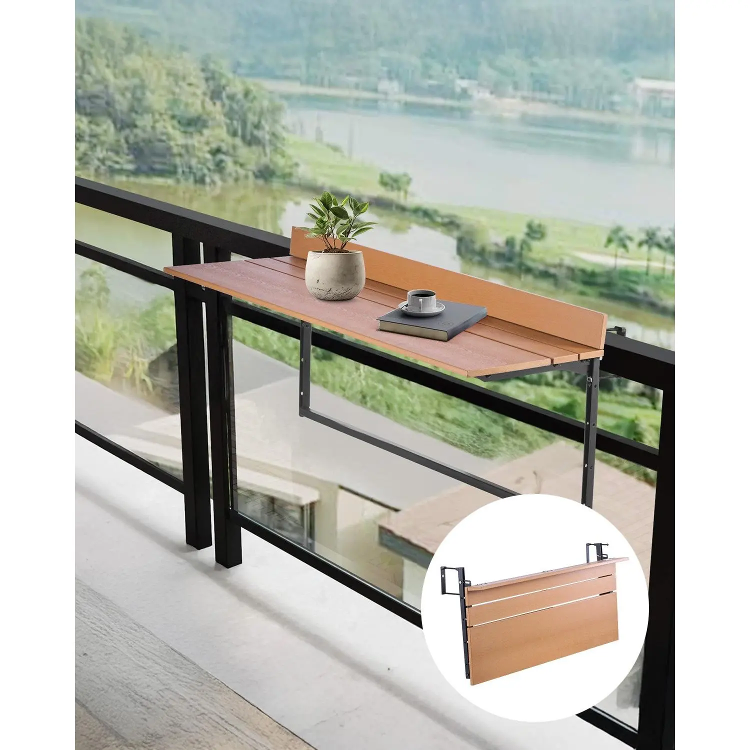 VEVOR Balcony Hanging Table, 15x 39 in Folding Balcony Railing Table, Outdoor Balcony Bar Table for Railings, 5-Level Adjustable, Fit Railing from 1" to 5.3", Serving Table for Patio Deck