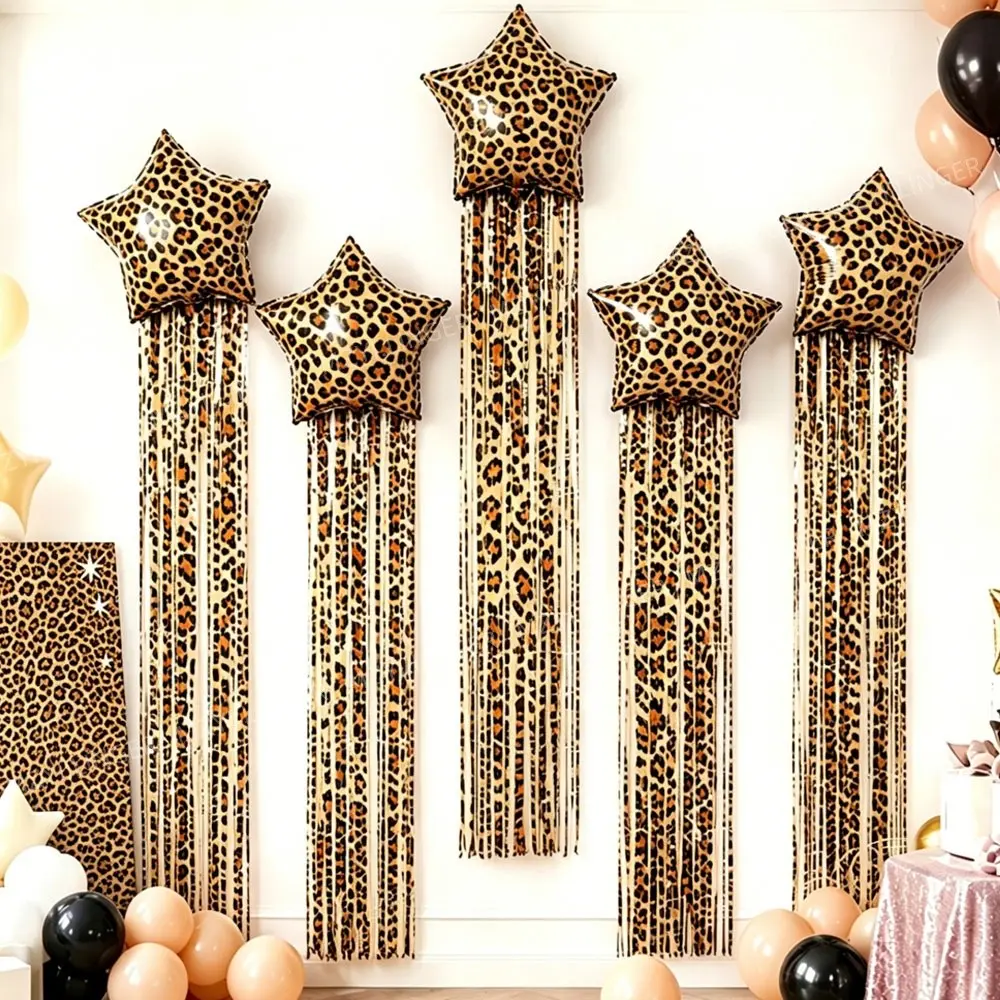 6-Piece Leopard Print Star Balloons and Rain Curtain Set, Perfect for Birthday Parties, Family Anniversaries, Engagements, Weddings