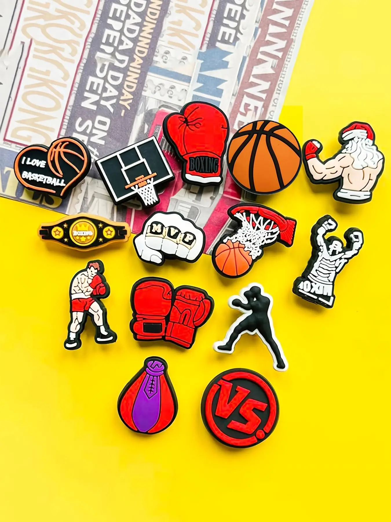 14-Piece Basketball Boxing Theme Shoe Accessories Set, Boxing Gloves, Championship Belt, Soft Rubber Decorations, Shoe Face Attachments, Shoe Decoration Charms