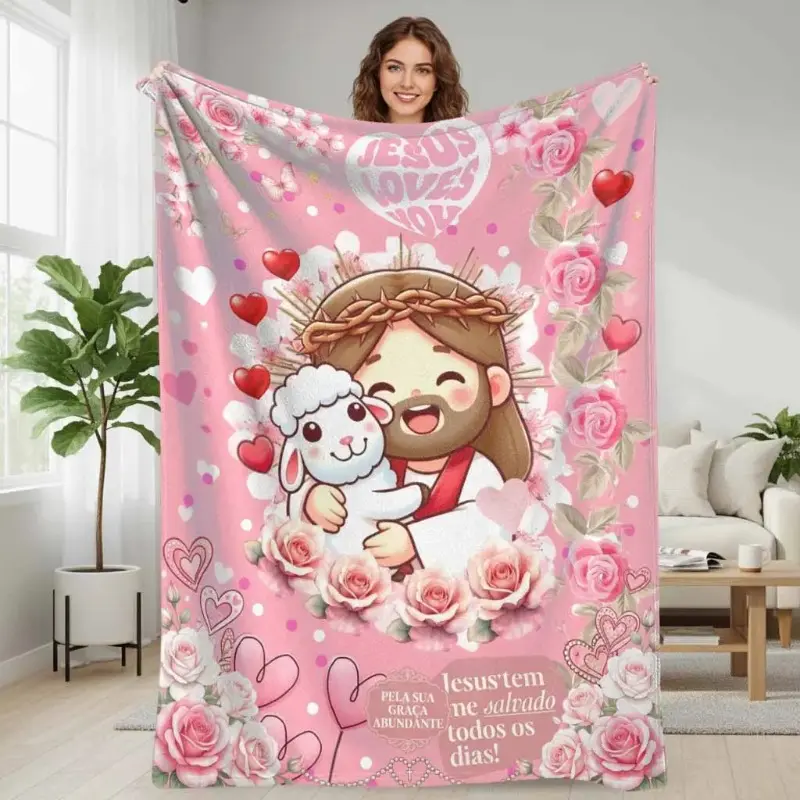 Jesus Loves You Flannel Fleece Blanket  Adorable Jesus and Lamb Print  Ultra Soft & Cozy  Perfect for Christmas Gifts  Easter Celebration  Valentine's Day Present  Home Decor Throw  Daily Comfort.