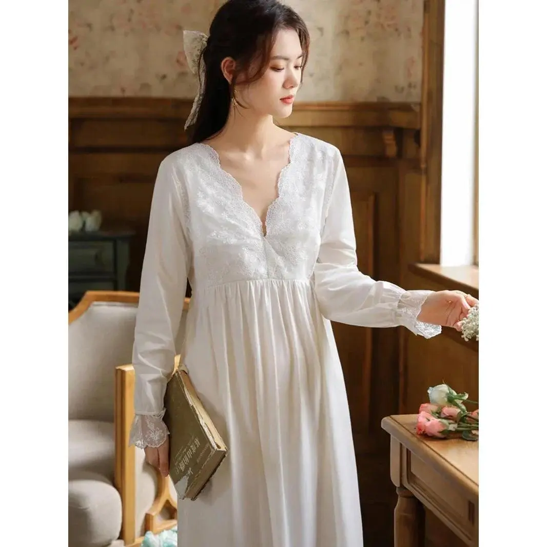 Women Cotton Ruffles Lace V-Neck Vintage Nightgowns Robe Nightie Long Sleeve Night Dress Victorian Romantic Princess Sleepwear