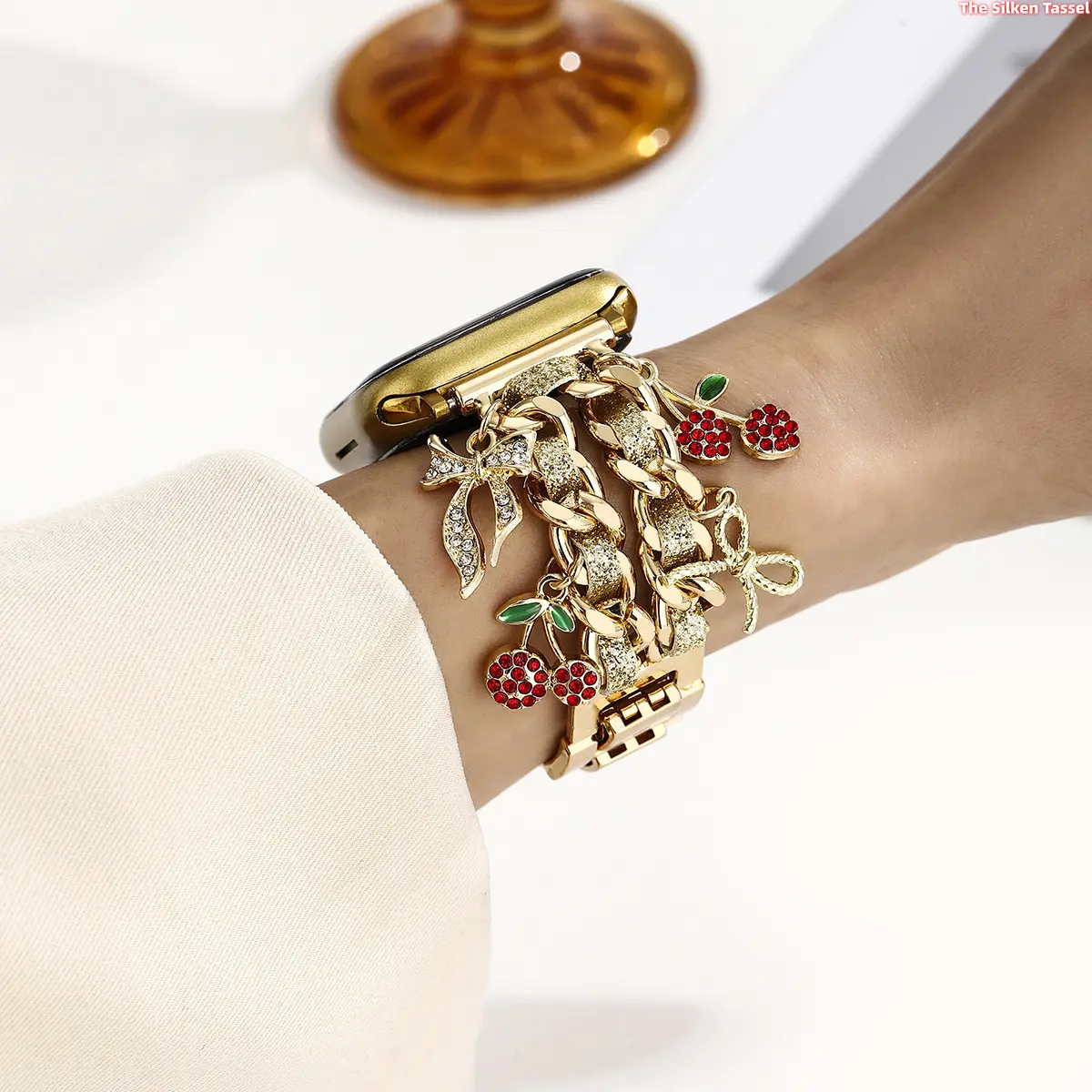 Cherry Rhinestone Metal Chain Strap for Apple Watch, Cute Bow Charm Bracelet Band, Compatible with Ultra 2/3 Series 1-11 SE 38-49mm, Fashion Jewelry Wristband for Women Smartwatch Accessories Wearable tiktokshopbacktoschool