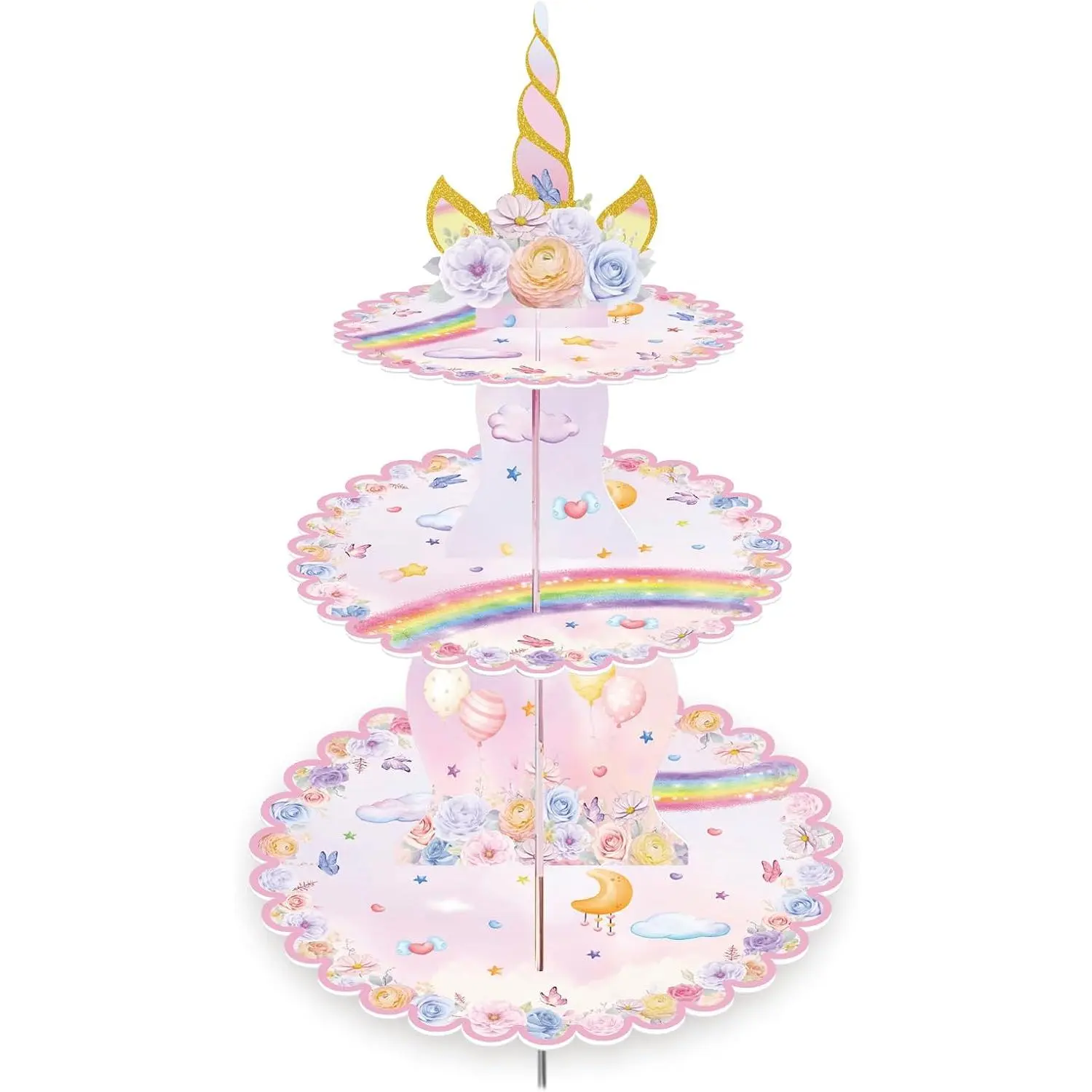 Unicorn Cupcake Stand, 3-Tier Unicorn Rainbow Cupcake Holder Unicorn Birthday Decorations Cake Stand Cardboard Dessert Tower for Holiday, Birthday, Wedding Party