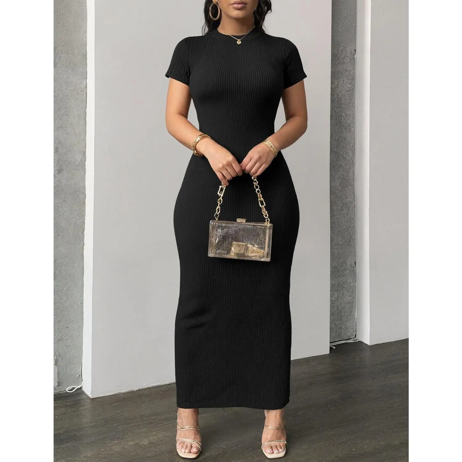 Basic Solid Bodycon Maxi Dress for Women, Casual Crew Neck Summer Sundress with Short Regular Sleeves, Short Sleeve, Minimalist