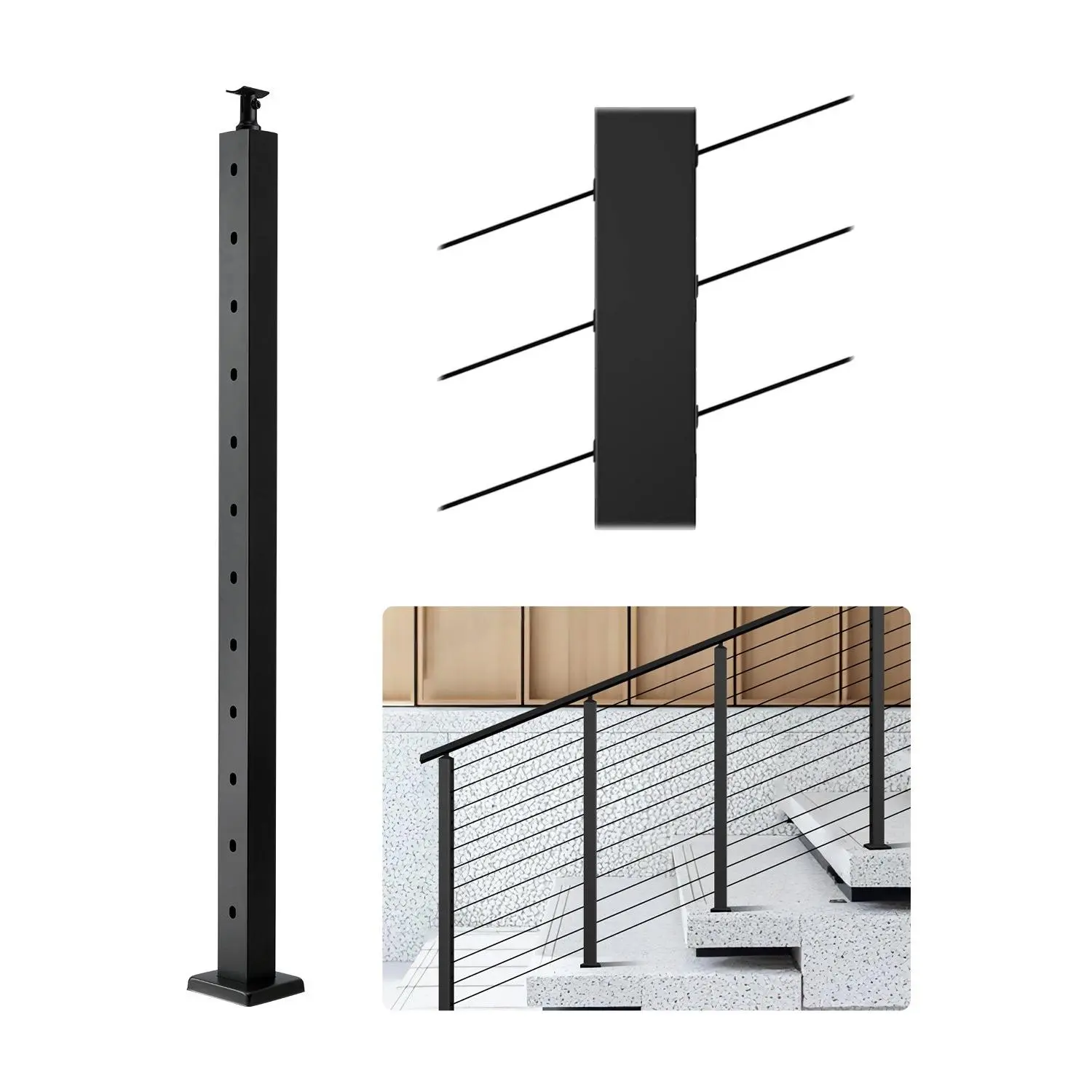 Cable Railing Post, 42x2x2 Inch Stair Railing Post, with Pre-Drilled 30 Angled Holes, Stainless Steel Cable Rail Post with Horizontal and Curved Bracket, 1-Pack, Black, 1JZLGZXHS106W3XAA001V0