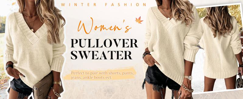 Danedvi Womens Loose Sweaters Sexy V Neck Long Sleeve Solid Knitted Jumper Pullover Sweatshirt Tops