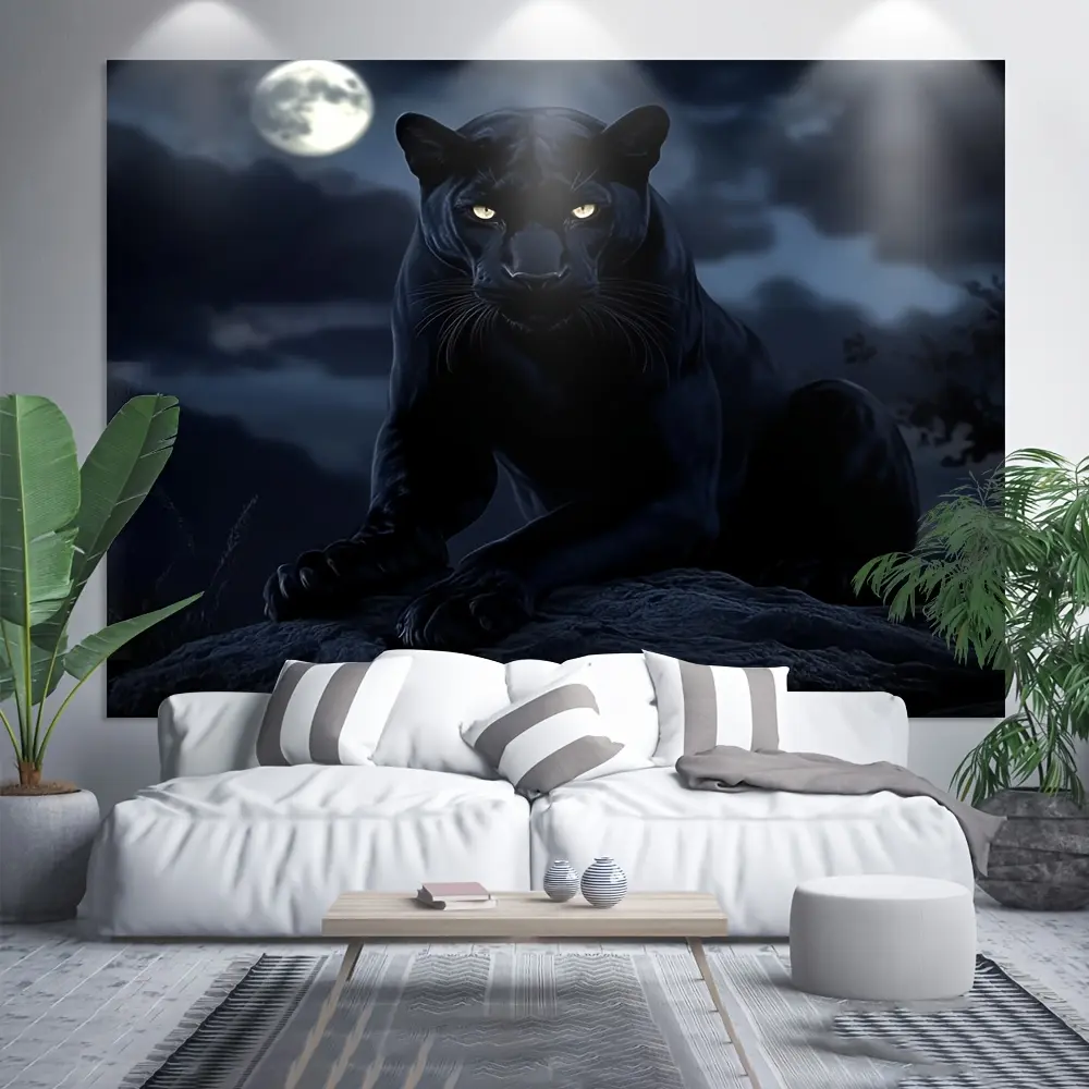 Panther and Moon Hanging Wall Tapestry, 100% Polyester Fabric, Indoor-Outdoor Decor, Festive Party Backdrop, Entryway Walls Gift, All-Season Use