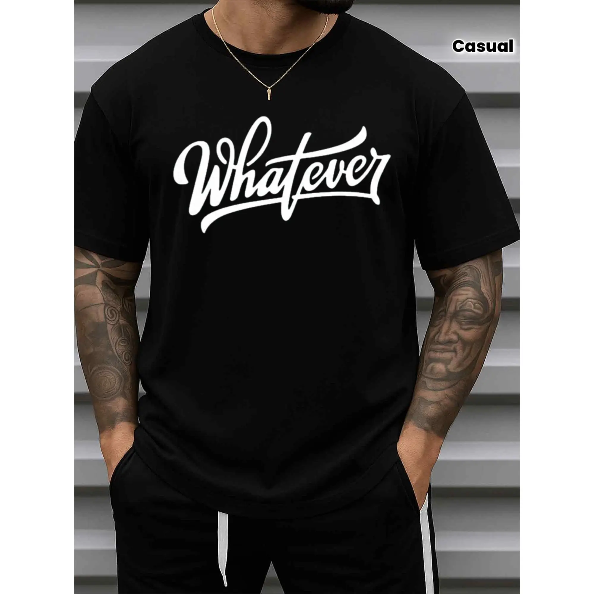 Men's Funny "Whatever" Slogan T-Shirt - 100% Cotton 180gsm Casual Short Sleeve Round Neck Tee with Humor Print, Black Shirt for Casual Attire, Summer, Christmas Gifts & Y2K Style Streetwear Graphic