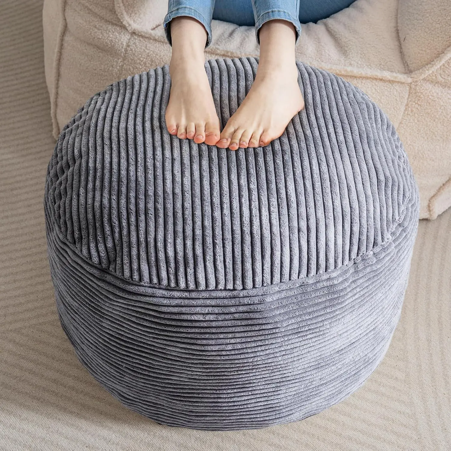 Dark Grey Round Corduroy Stuffed Pouf Ottoman - Foam Fill Chunk, Fluffy Look Foot Stool, 20x15in Floor Rest for Living Room