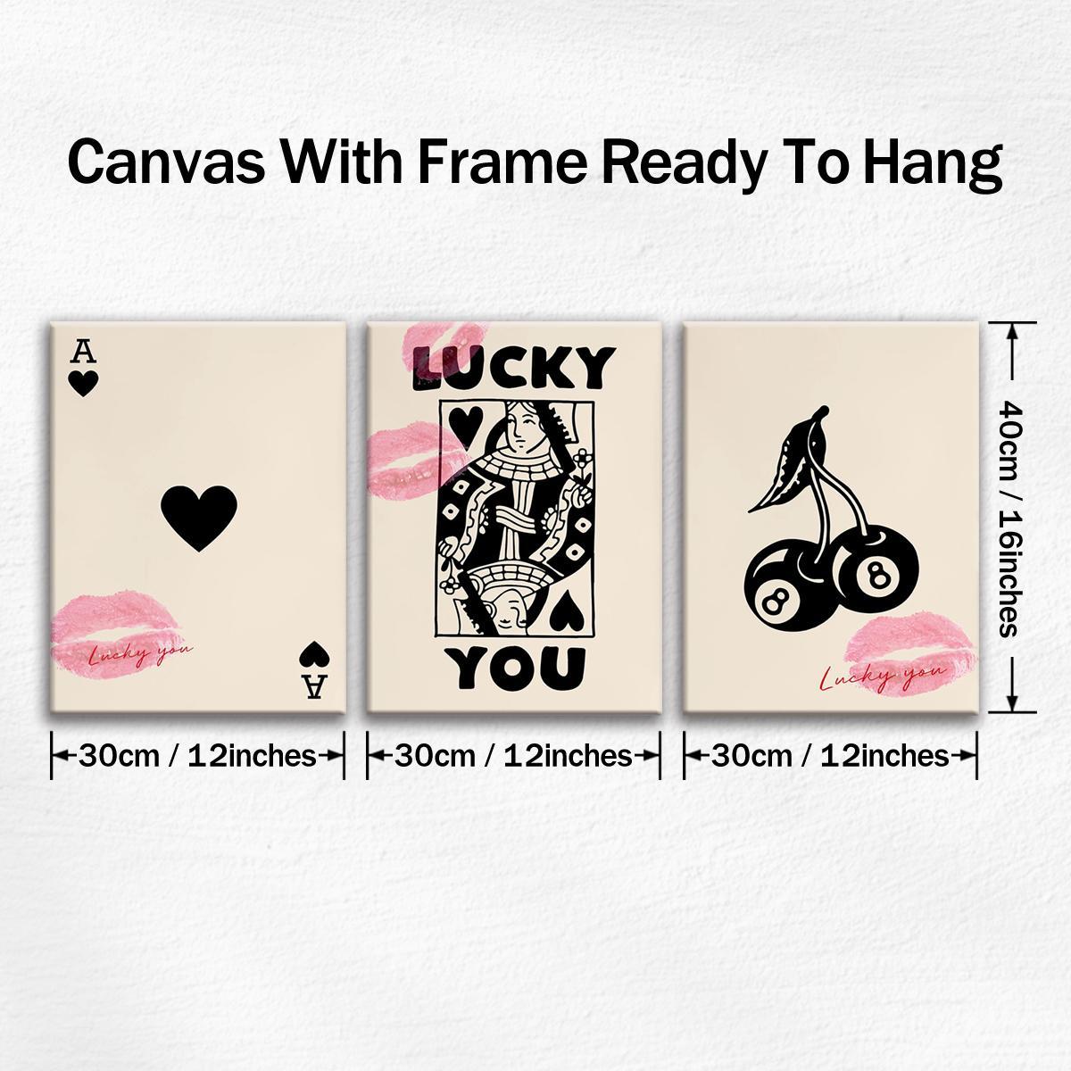 Wooden Framed Canvas Painting, 3 Counts/set Lucky Card Pattern Wall Art, Fashion Art Wall Decor, Modern Art Design, Home Decoration Poster for Living Room, Bedroom