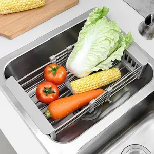 Telescopic Sink Drain Basket, Kitchen Storage Rack. Multi-use as fruit & vegetable colander, fruit tray and dish drying rack for home use.