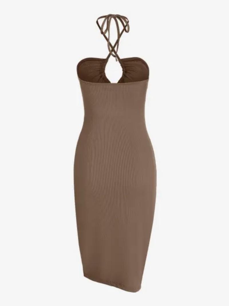 Women's Plain Criss Cross Backless Split Thigh Drawstring Bodycon Dress, Solid Sleeveless Cut Out Tie Back Halter Midi Dress for Party Club Dating Wear, Ladies Summer Clothes Bodycon