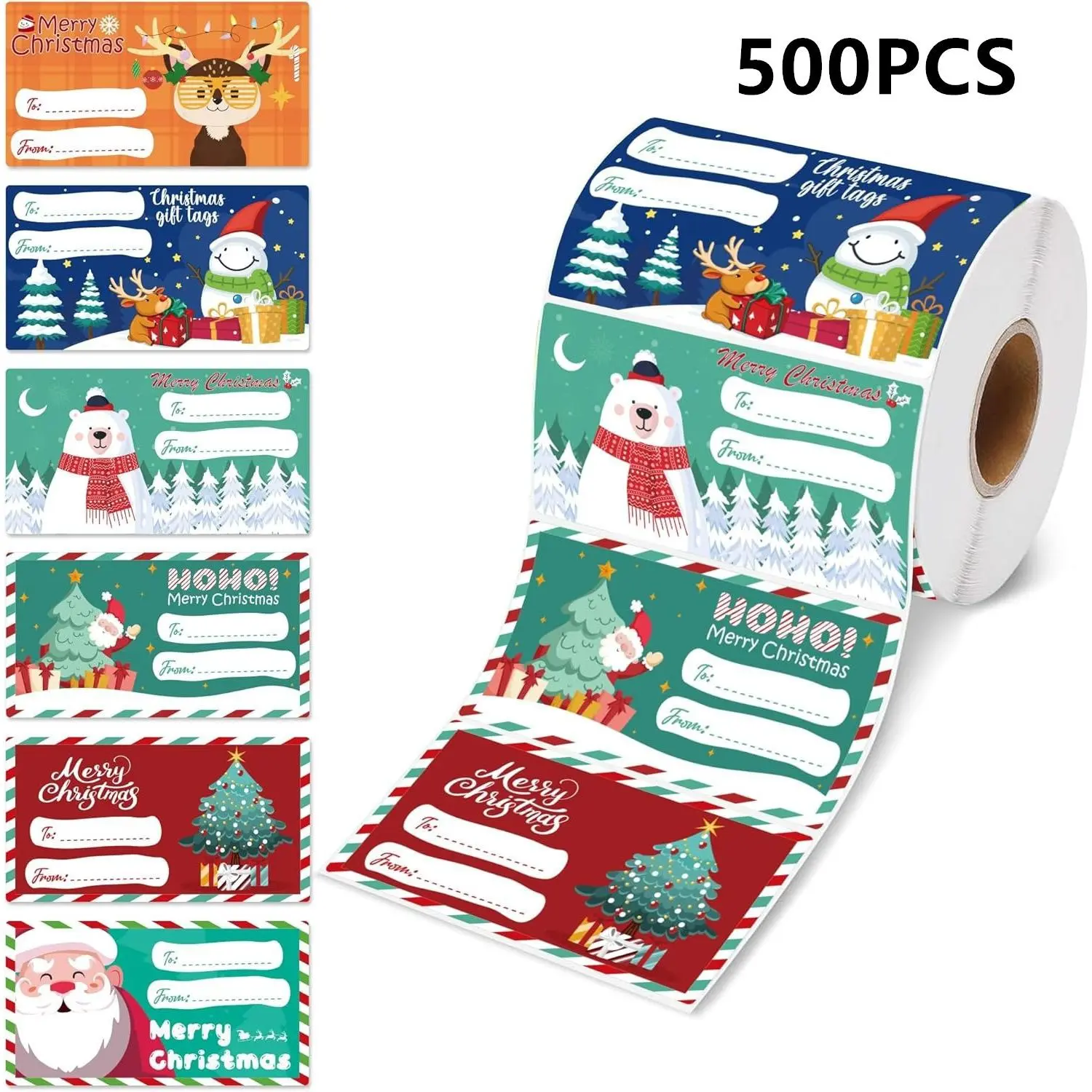 500Pcs Christmas Gift Tag Stickers Roll, Self‑Adhesive Holiday Gift Label Stickers, 6 Designs Xmas Present Name Tags for Gift Wrapping