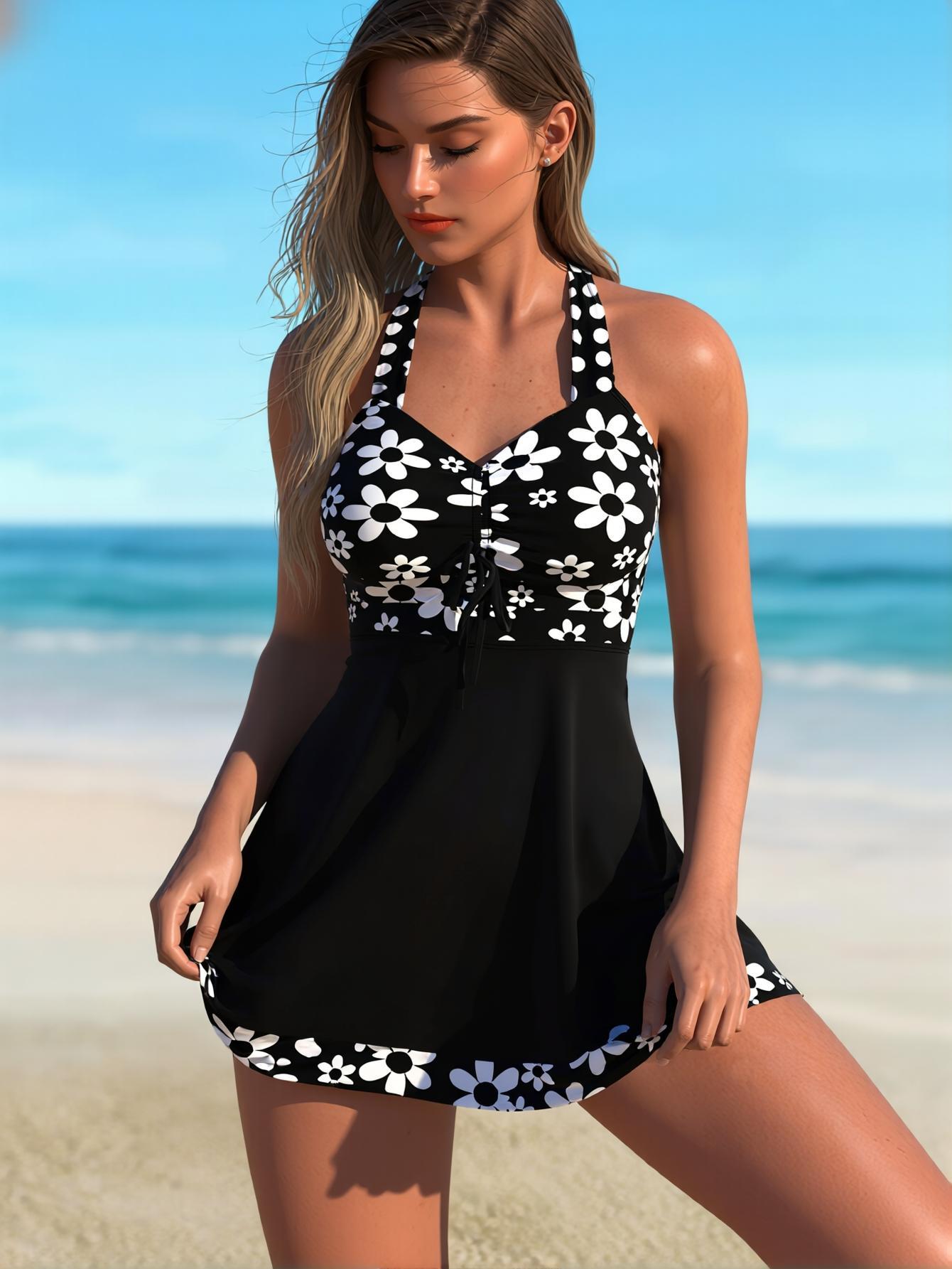 2026 Summer Black and White Daisy Print Swim Dress Trendy Conservative Swimsuit Halter Neck with Front Ruching and Tummy Control Skirt Style Suitable for Beach Vacation and Pool Party Ladies Swimwear for All Seasons, Floral Swimsuits, Plants Print Swimdre
