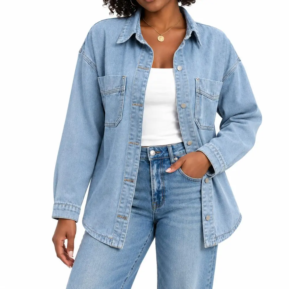Women's Oversized Light Wash Denim Shacket, Long Sleeve Snap Button Jean Shirt Jacket with Double Chest Pockets, Relaxed Longline Layering Top for Casual Fall Travel Work and Everyday Outfits, Blue