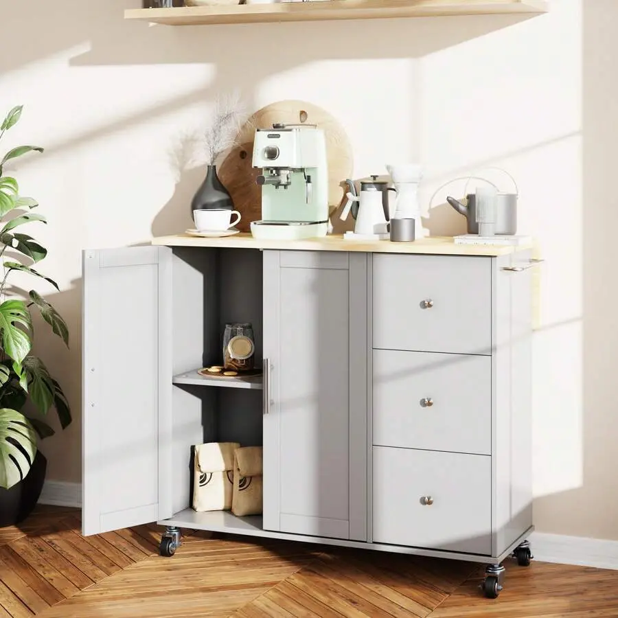 Island With Storage, Island On Wheels With Drop Leaf, Open Spice Rack Shelf, Door Cabinet, Drawer, Cart Island Table