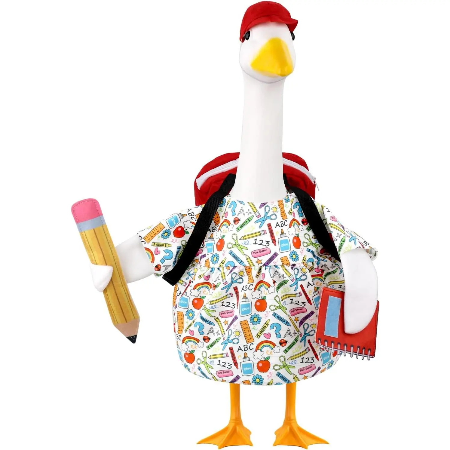 Back to School Porch Goose Outfits Fits 23'' Plastic/Cement Statue Lawn Porch Goose Costume with School Bag, Pencil, and Notebook for School Outdoor Garden Yard Patio Decor