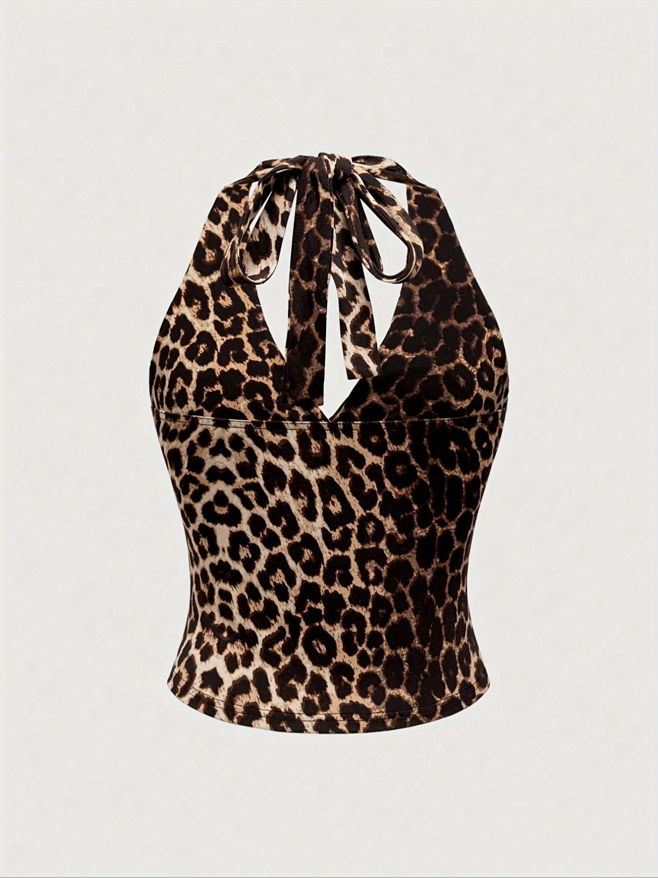 Women's Leopard Print Fitted Tie Back Feature Tank Top, Casual Sleeveless Top for Summer, Ladies Clothes for Daily Wear