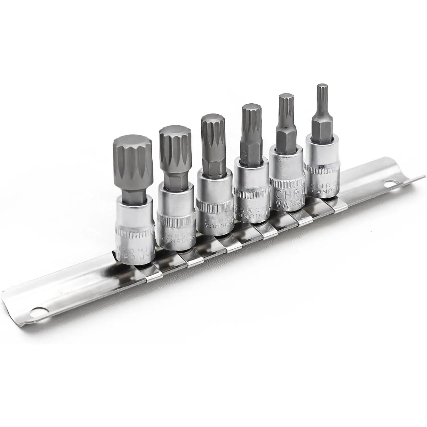 6 count Spline Socket Set, M4-M12 for 1/4" Drive, XZN Triple Square Spline Bit Set, S2 Alloy Steel Bit and CR-V Drive Socket