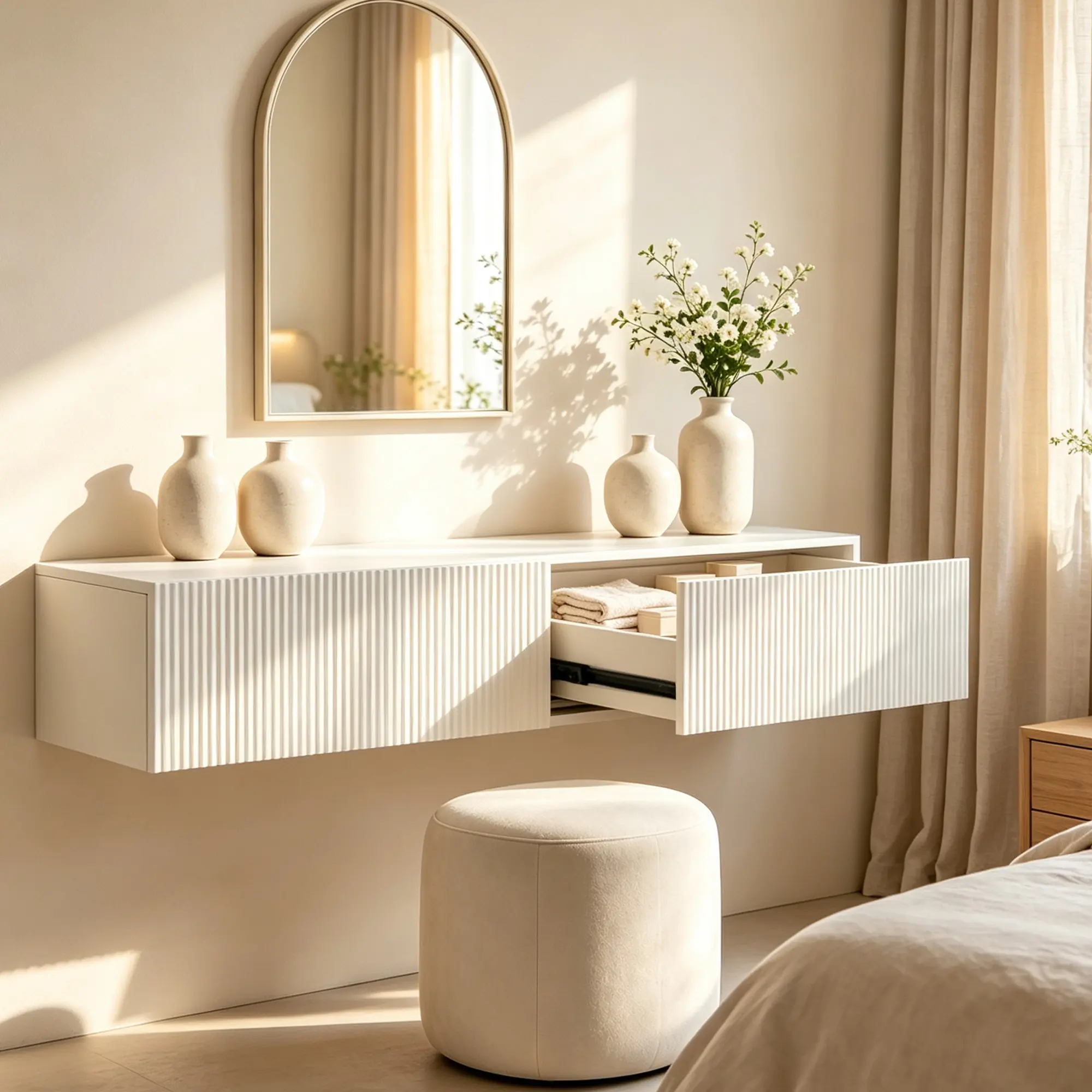 Nokaa Wall Mounted Fluted Floating Makeup Vanity Cabinet with Storage Drawers, Cream White MDF Modern Bedroom Dresser, Space-Saving Wall Mount Dresser for Bedroom, Entryway, Living Room, Easy Assembly, 15.75x47.25x8.67 in, White