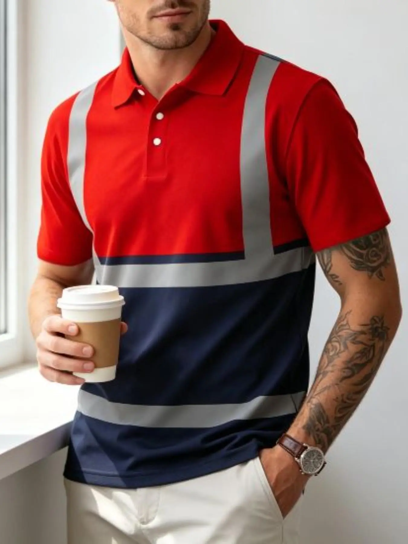 Summer Men's and Navy Block Stripe Collared Polo Shirt, Breathable Comfortable Collar, Casual Daily Wear, Sporty Slim-Fitting Style, Sports Casual Apparel